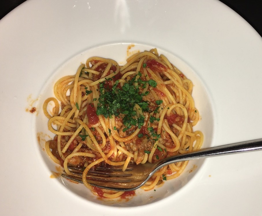 Dairy-free pasta and sausage dish made-to-order at Bistango, NYC.